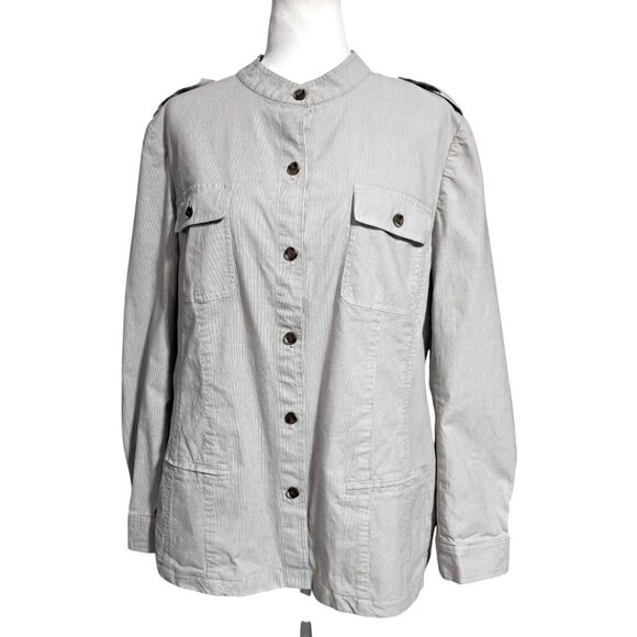 J Jill Shacket Shirt Jacket Top Womens Size XL Long Sleeve Pinstriped Epaulets B - Picture 1 of 13